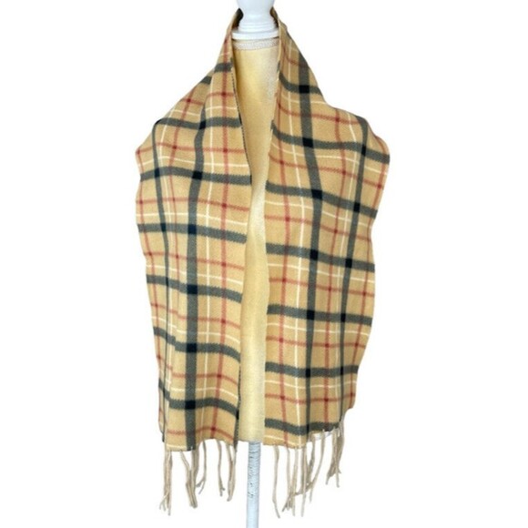 Plaid Cashmere Beige Fringe Scarf 58” x 10” Inches - Picture 1 of 7